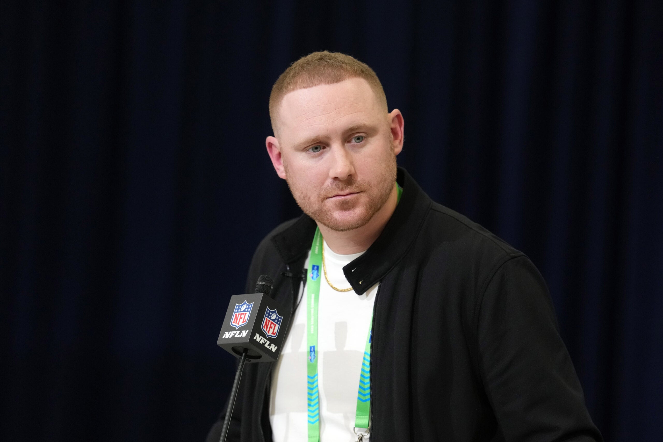 Feb 24, 2026; Indianapolis, IN, USA; Buffalo Bills coach Joe Brady speaks at the NFL Scouting Combine at the Indiana Convention Center.