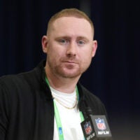 Feb 24, 2026; Indianapolis, IN, USA; Buffalo Bills coach Joe Brady speaks at the NFL Scouting Combine at the Indiana Convention Center.