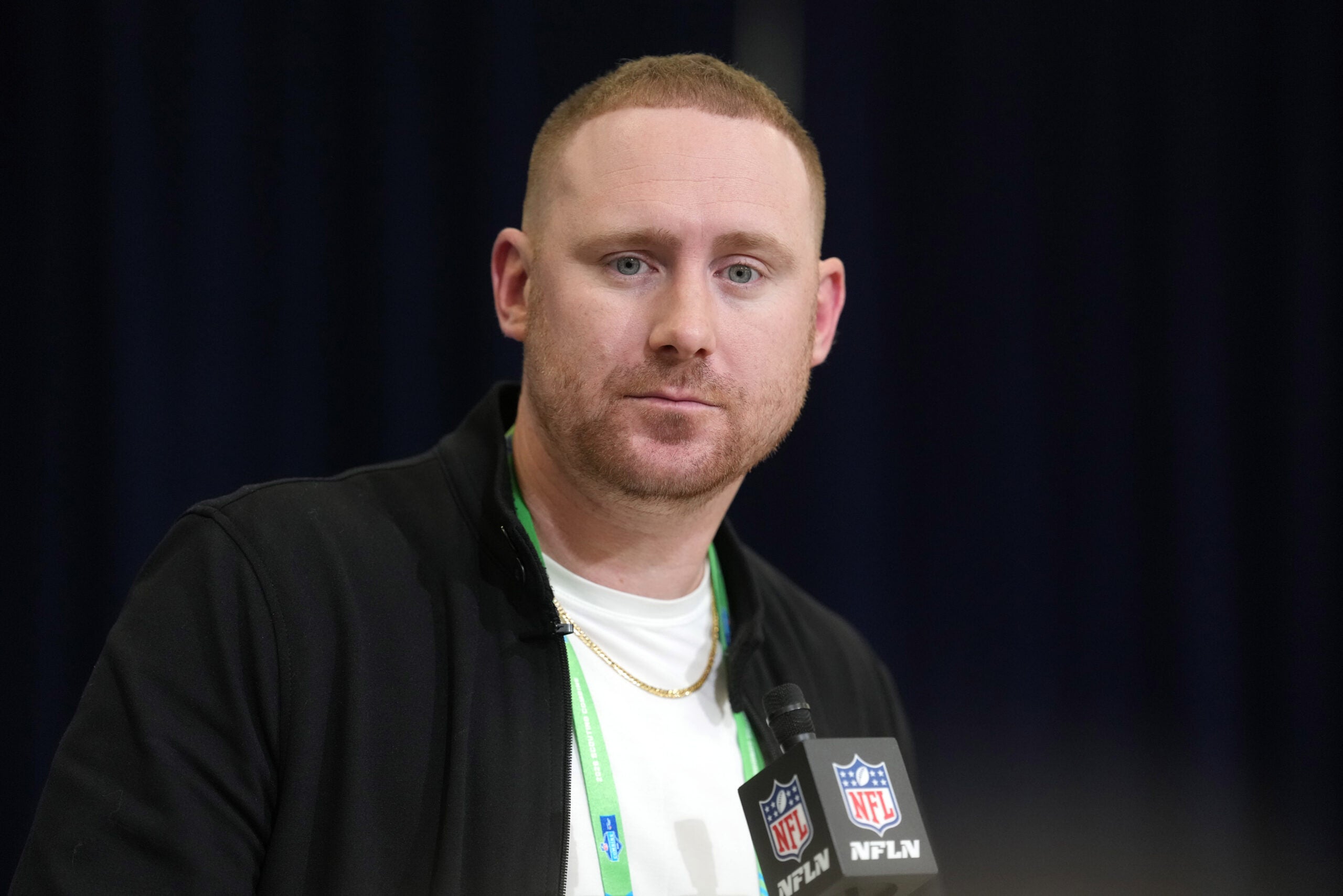 Feb 24, 2026; Indianapolis, IN, USA; Buffalo Bills coach Joe Brady speaks at the NFL Scouting Combine at the Indiana Convention Center.
