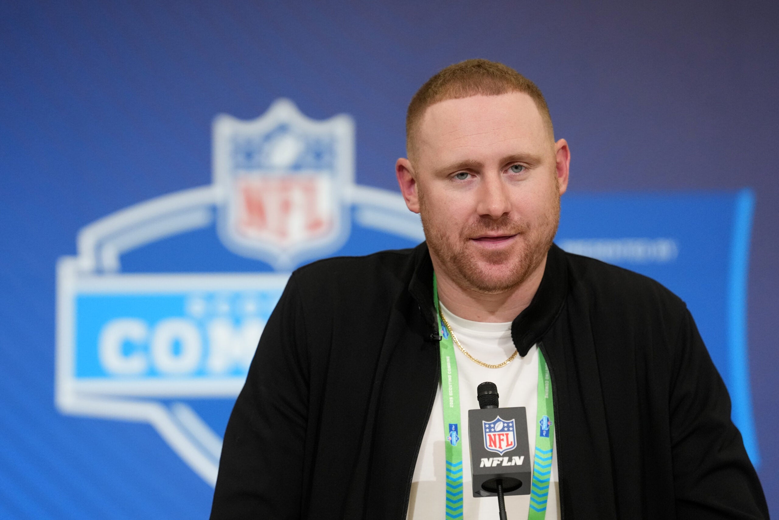 Feb 24, 2026; Indianapolis, IN, USA; Buffalo Bills coach Joe Brady speaks at the NFL Scouting Combine at the Indiana Convention Center.