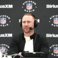 Feb 24, 2026; Indianapolis, IN, USA; Buffalo Bills coach Joe Brady on the SiriusXM NFL Radio set at the NFL Scouting Combine at the Indiana Convention Center.