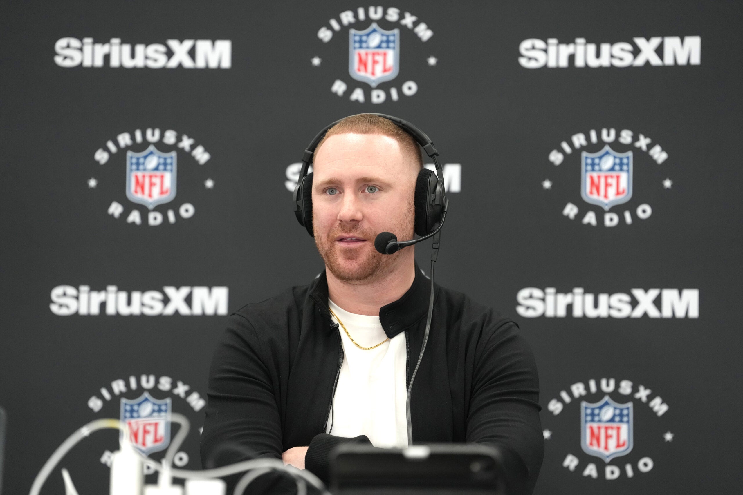 Feb 24, 2026; Indianapolis, IN, USA; Buffalo Bills coach Joe Brady on the SiriusXM NFL Radio set at the NFL Scouting Combine at the Indiana Convention Center.
