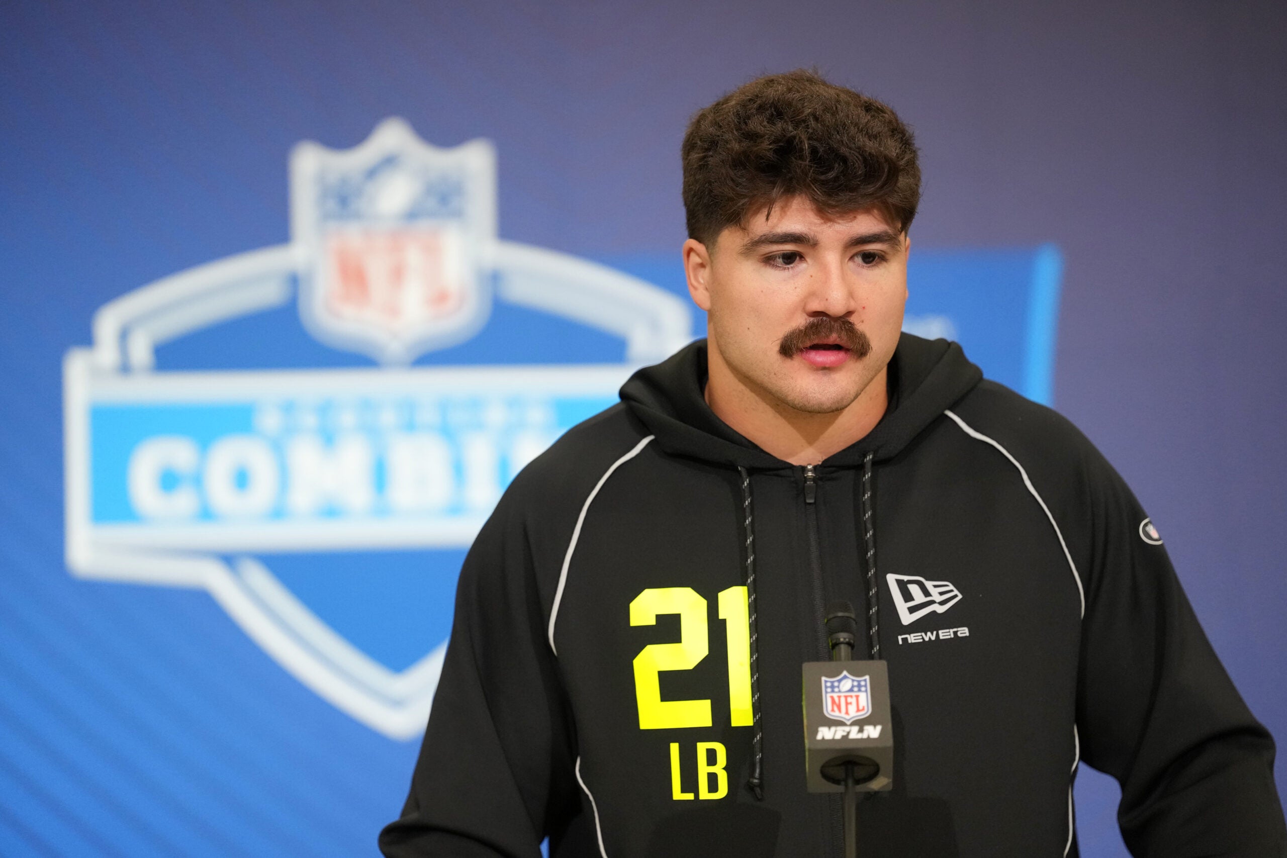 Feb 25, 2026; Indianapolis, IN, USA; Texas Tech linebacker Jacob Rodriguez (LB21) speaks during the NFL Scouting Combine at the Indiana Convention Center.