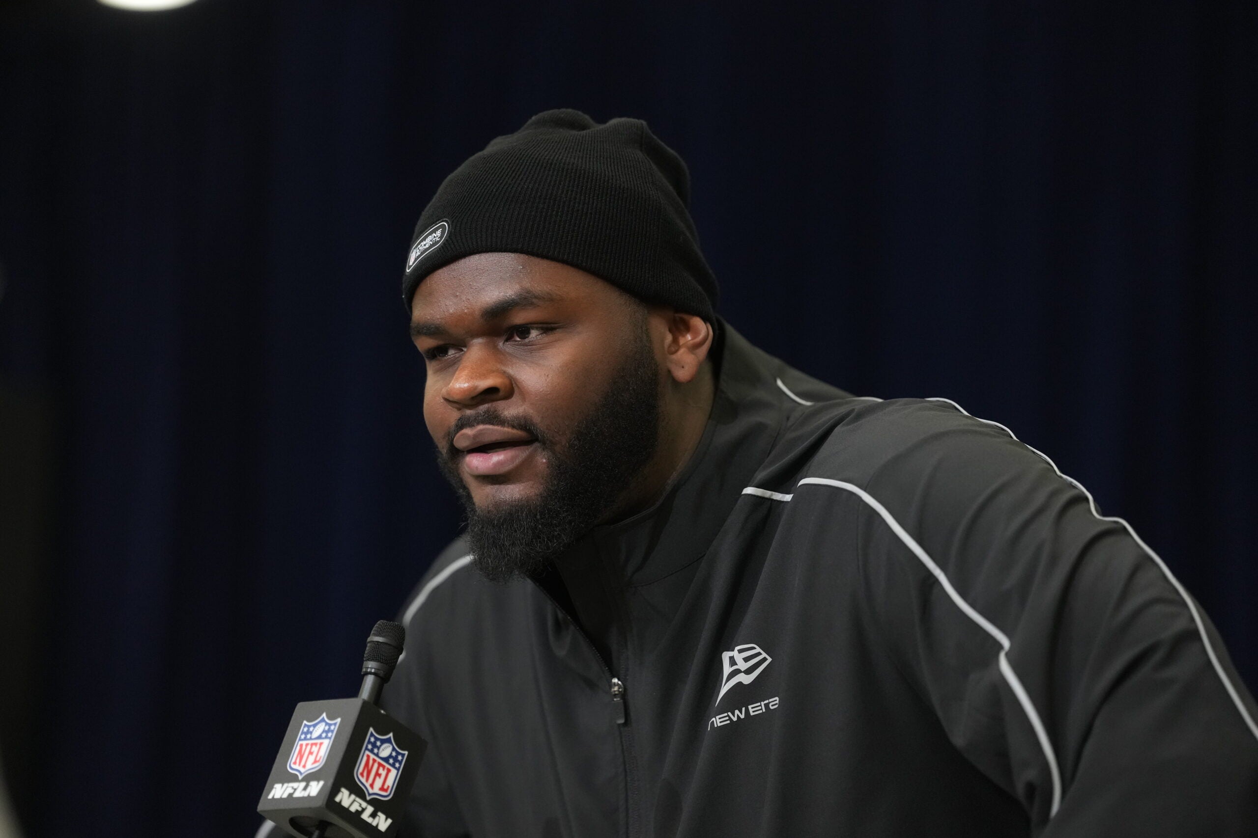 Feb 25, 2026; Indianapolis, IN, USA; Florida defensive lineman Caleb Banks (DL02) speaks during the NFL Scouting Combine at the Indiana Convention Center.