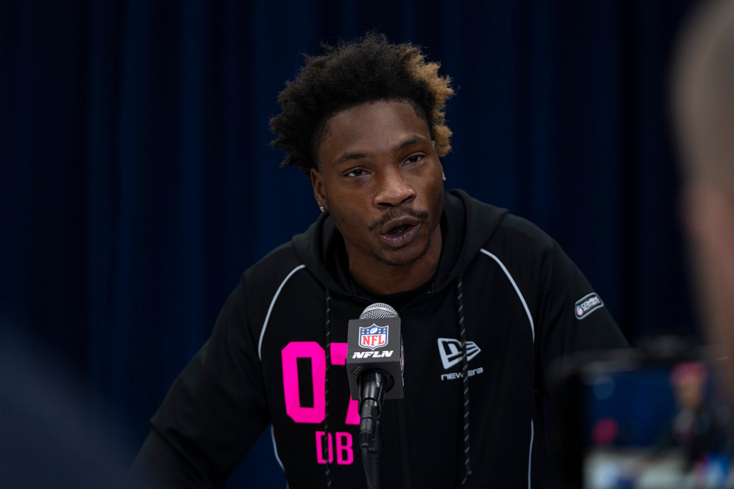 Feb 26, 2026; Indianapolis, IN, USA; Stephen F Austin defensive back Chuck Demmings (DB07) speaks to members of the media during the NFL Combine at the Indiana Convention Center.