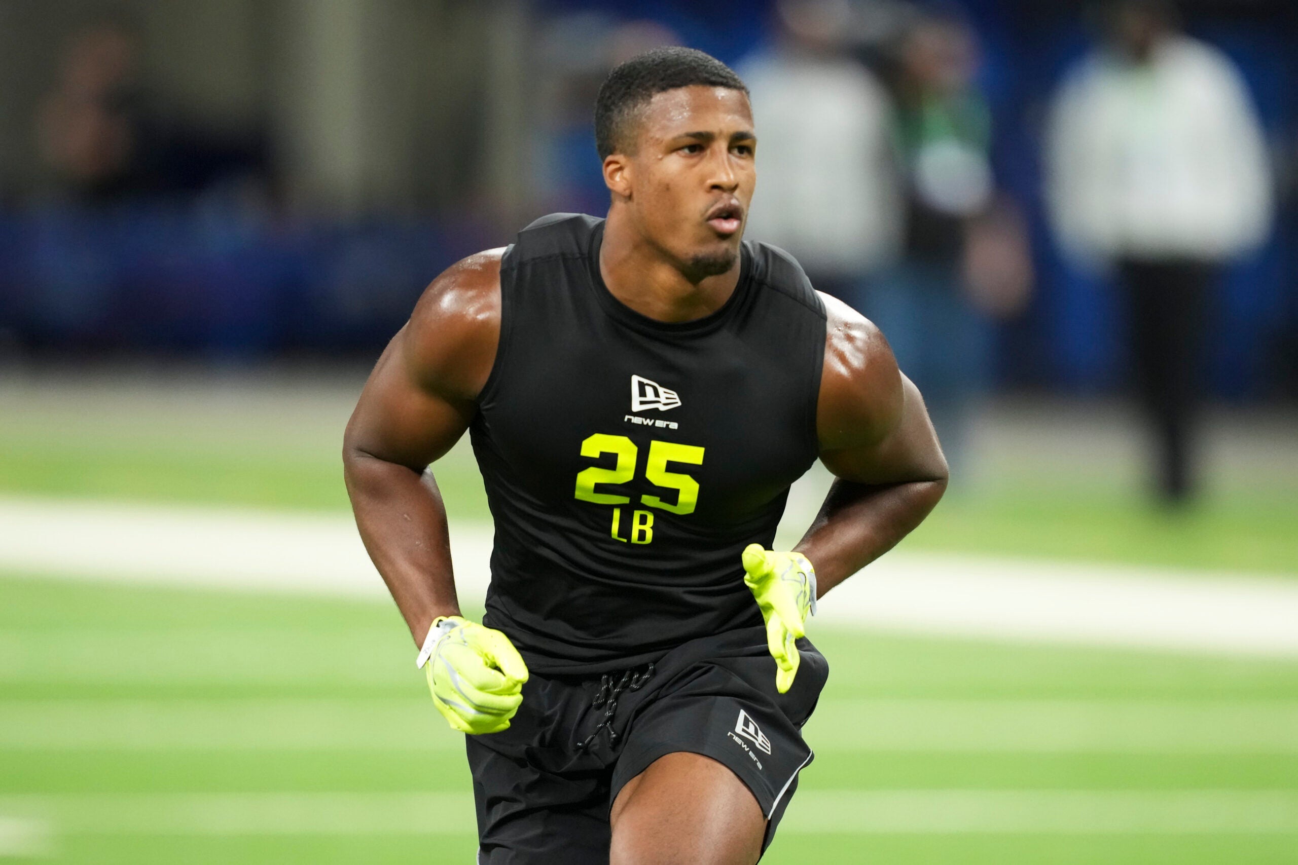 Feb 26, 2026; Indianapolis, IN, USA; Ohio State linebacker Sonny Styles (LB25) during the NFL Scouting Combine at Lucas Oil Stadium.