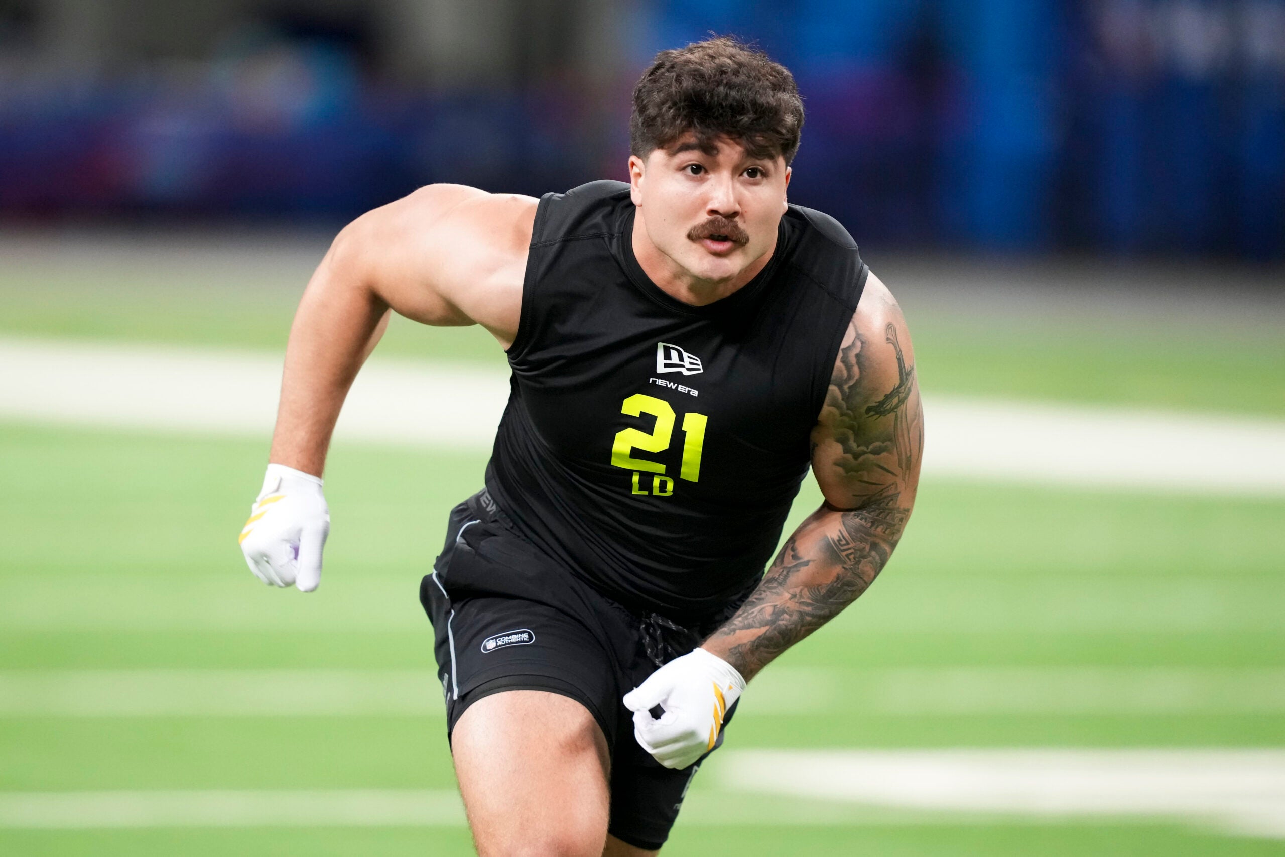 Feb 26, 2026; Indianapolis, IN, USA; Texas Tech linebacker Jacob Rodriguez (LB21) during the NFL Scouting Combine at Lucas Oil Stadium.