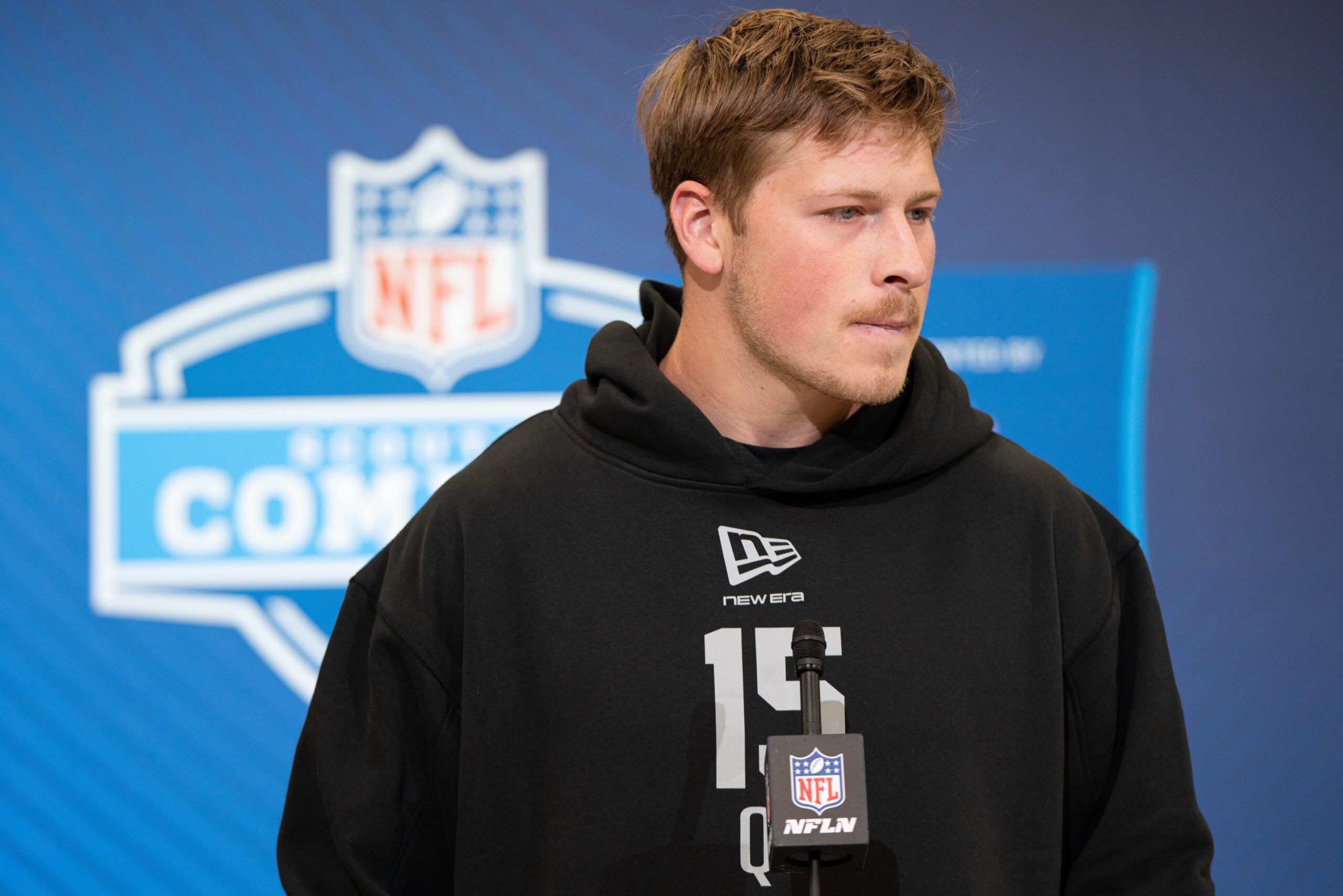 Feb 27, 2026; Indianapolis, IN, USA; North Dakota State quarterback Cole Payton (QB15) speaks to members of the media during the NFL Combine at the Indiana Convention Center.