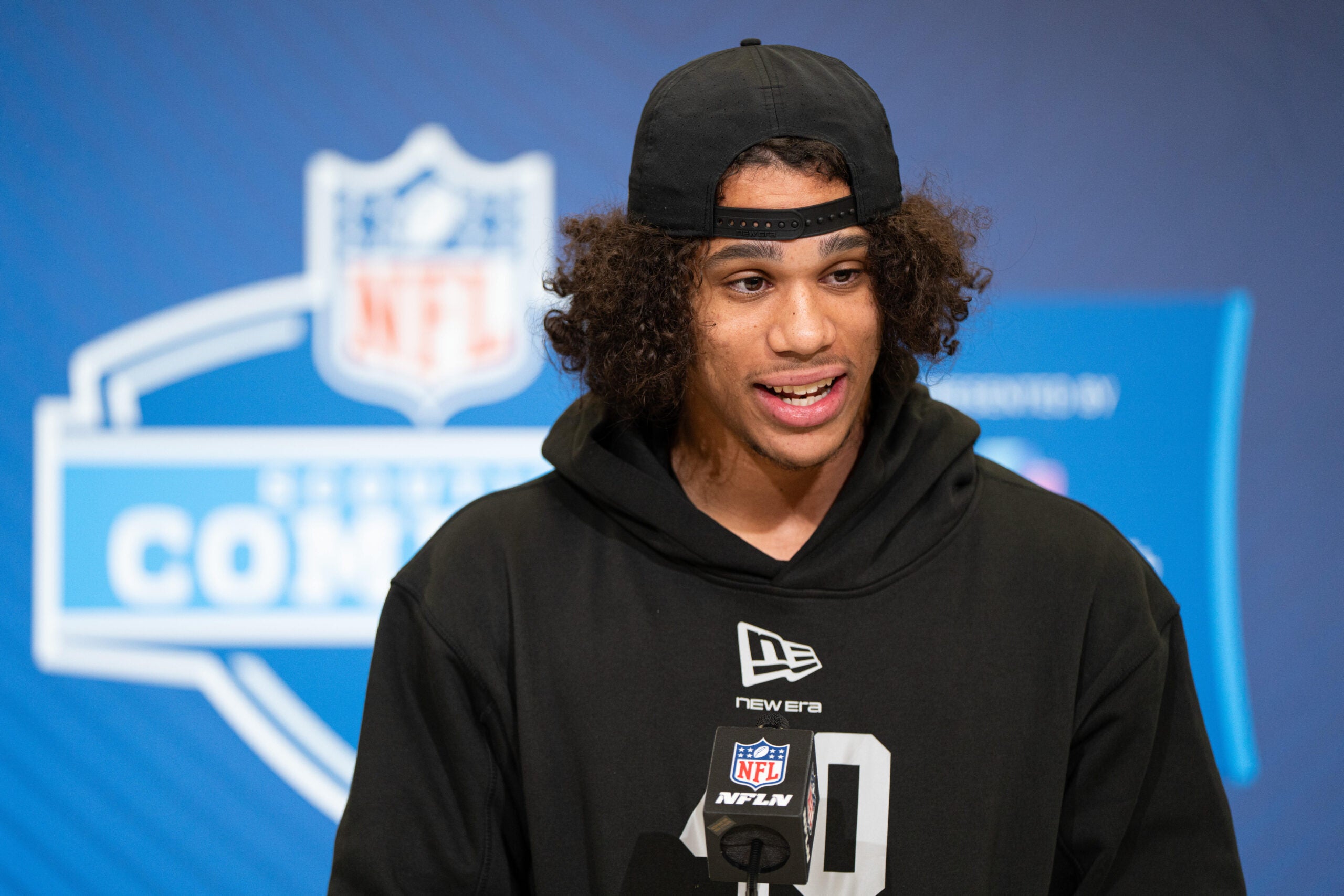 Feb 27, 2026; Indianapolis, IN, USA; Arizona State wideout Jordyn Tyson (WO40) speaks to members of the media during the NFL Combine at the Indiana Convention Center. Mandatory Credit: Jacob Musselman-Imagn Images