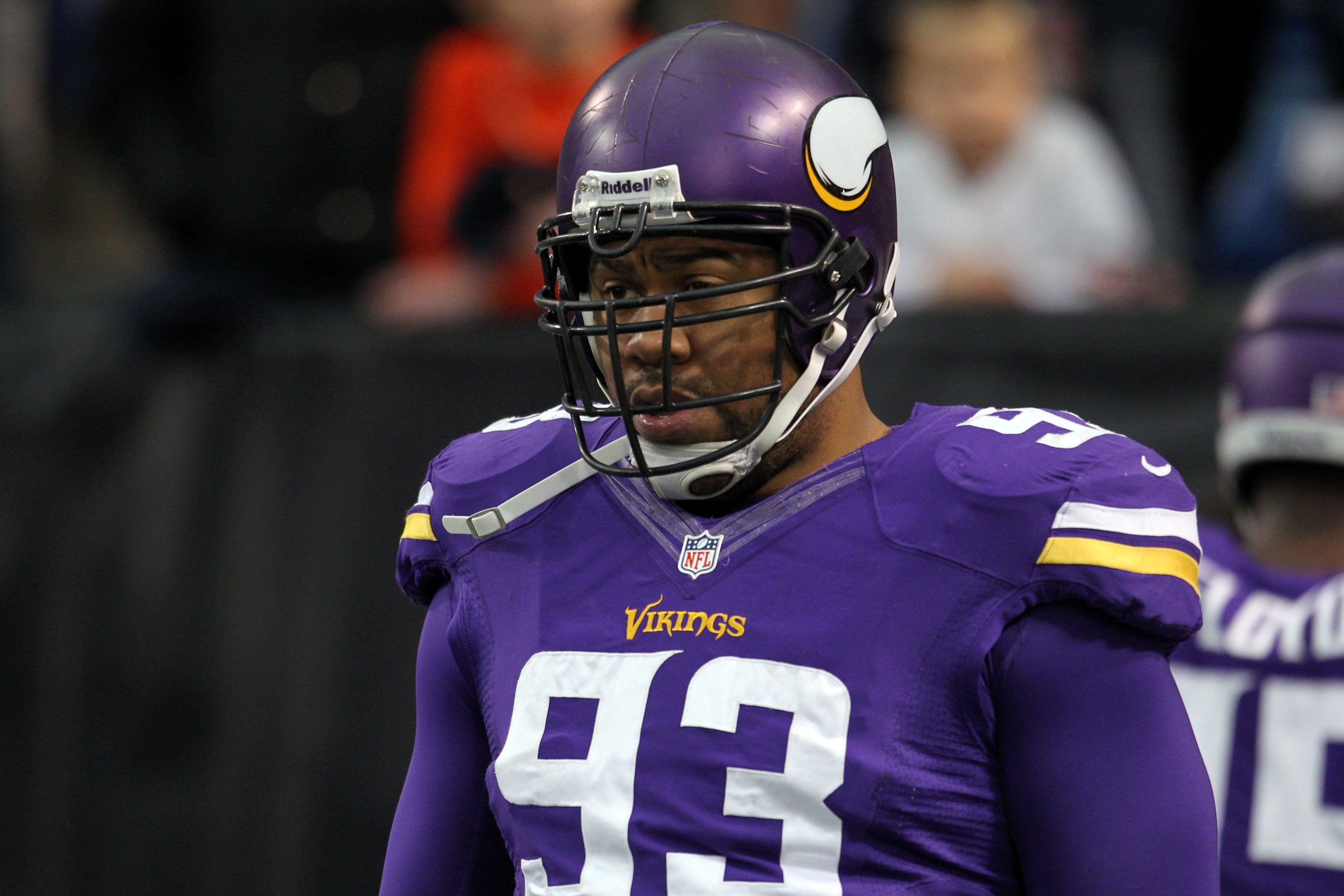 Dec 1, 2013; Minneapolis, MN, USA; Minnesota Vikings defensive tackle Kevin Williams (93) looks on prior to the game against the Chicago Bears at Mall of America Field at H.H.H. Metrodome.
