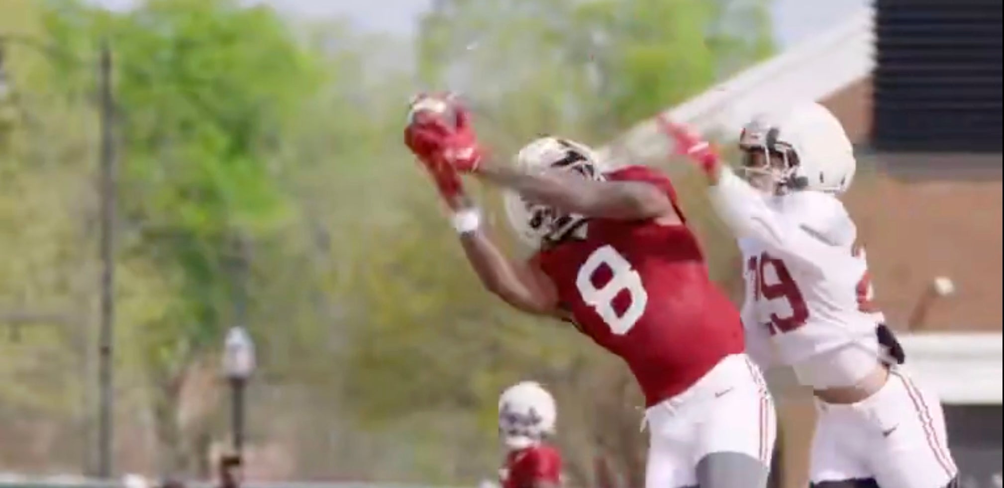 Alabama Crimson Tide WR Cederian Morgan makes an over the shoulder grab in spring practice, 3/24/26.
