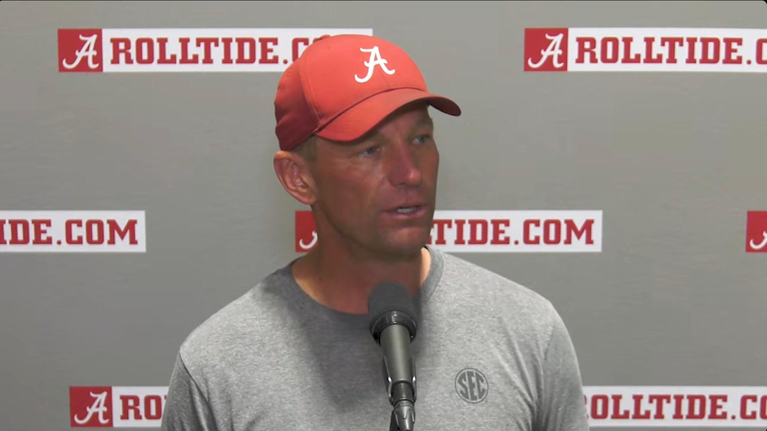 Kalen DeBoer addresses the media during spring ball ahead of the 2026 season, 3/10.2026.