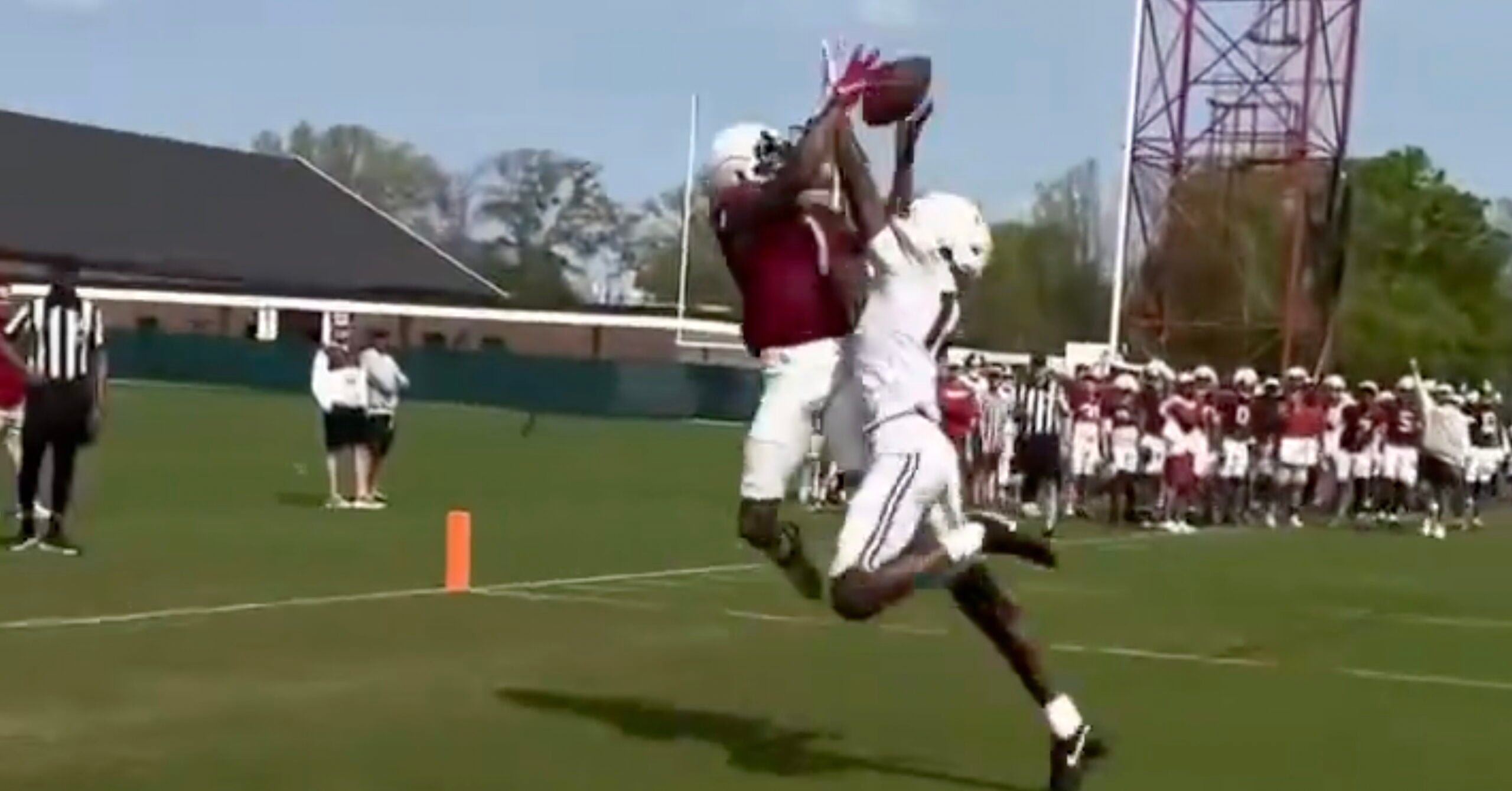Alabama Crimson Tide WR Ryan Coleman Williams catches a touchdown pass during 2026 spring practice.
