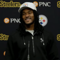 Pittsburgh Steelers running back Rico Dowdle speaks during his introductory press conference.