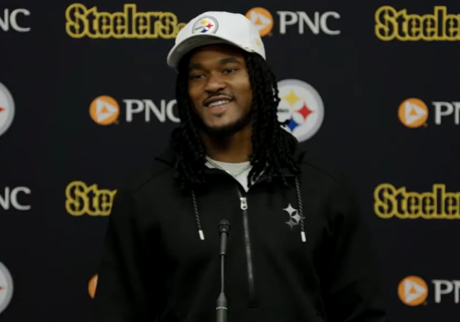 Pittsburgh Steelers running back Rico Dowdle speaks during his introductory press conference.