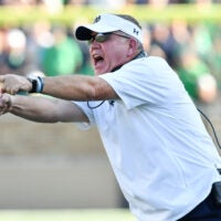 Sep 15, 2018; South Bend, IN, USA; Notre Dame Fighting Irish head coach Brian Kelly yells to his players in the fourth quarter against the Vanderbilt Commodores at Notre Dame Stadium. Mandatory Credit: Matt Cashore-USA TODAY Sports