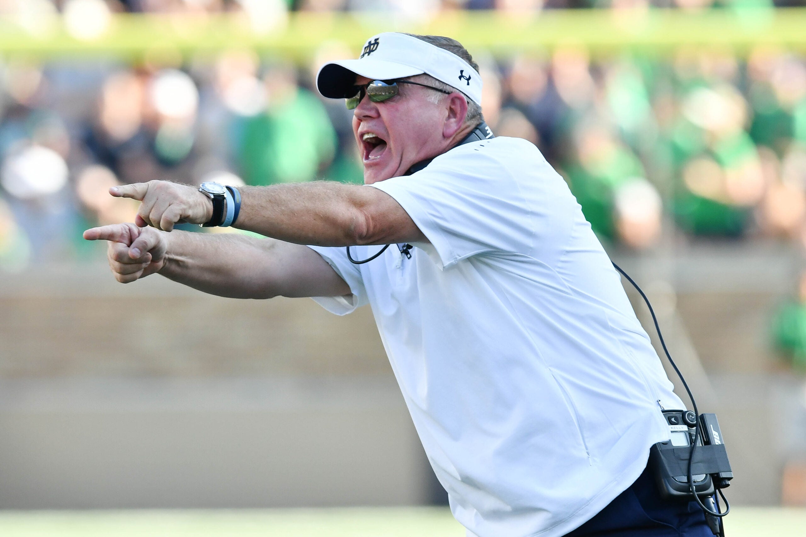 Sep 15, 2018; South Bend, IN, USA; Notre Dame Fighting Irish head coach Brian Kelly yells to his players in the fourth quarter against the Vanderbilt Commodores at Notre Dame Stadium. Mandatory Credit: Matt Cashore-USA TODAY Sports