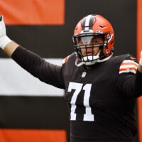 Oct 11, 2020; Cleveland, Ohio, USA; Cleveland Browns offensive tackle Jedrick Wills (71) is introduced before the game between the Cleveland Browns and the Indianapolis Colts at FirstEnergy Stadium.