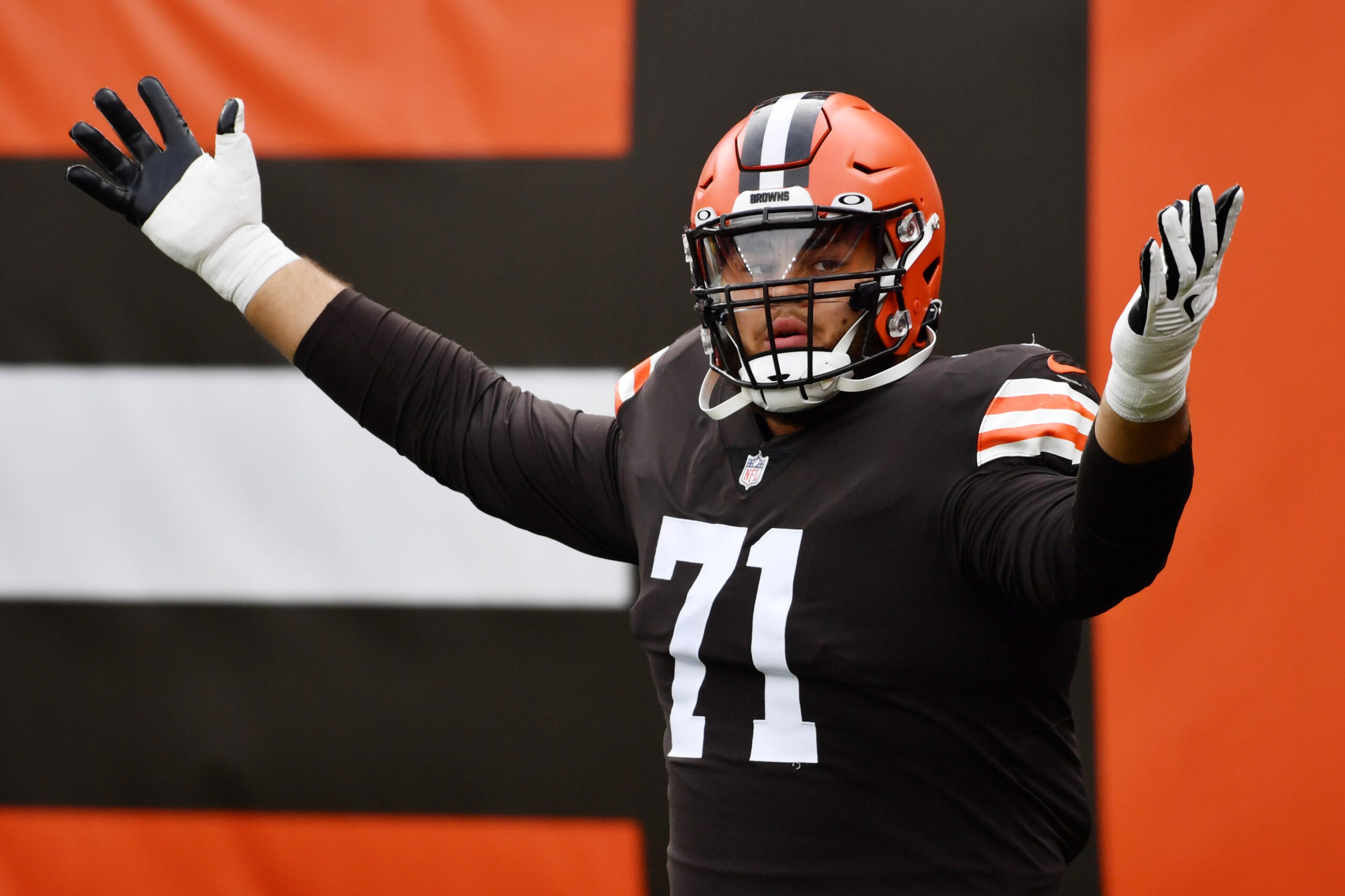 Oct 11, 2020; Cleveland, Ohio, USA; Cleveland Browns offensive tackle Jedrick Wills (71) is introduced before the game between the Cleveland Browns and the Indianapolis Colts at FirstEnergy Stadium.