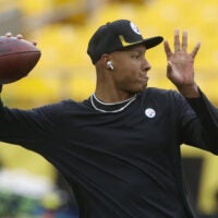 Dec 19, 2021; Pittsburgh, Pennsylvania, USA; Pittsburgh Steelers quarterback Joshua Dobbs (5) warms up before the game against the Tennessee Titans at Heinz Field.