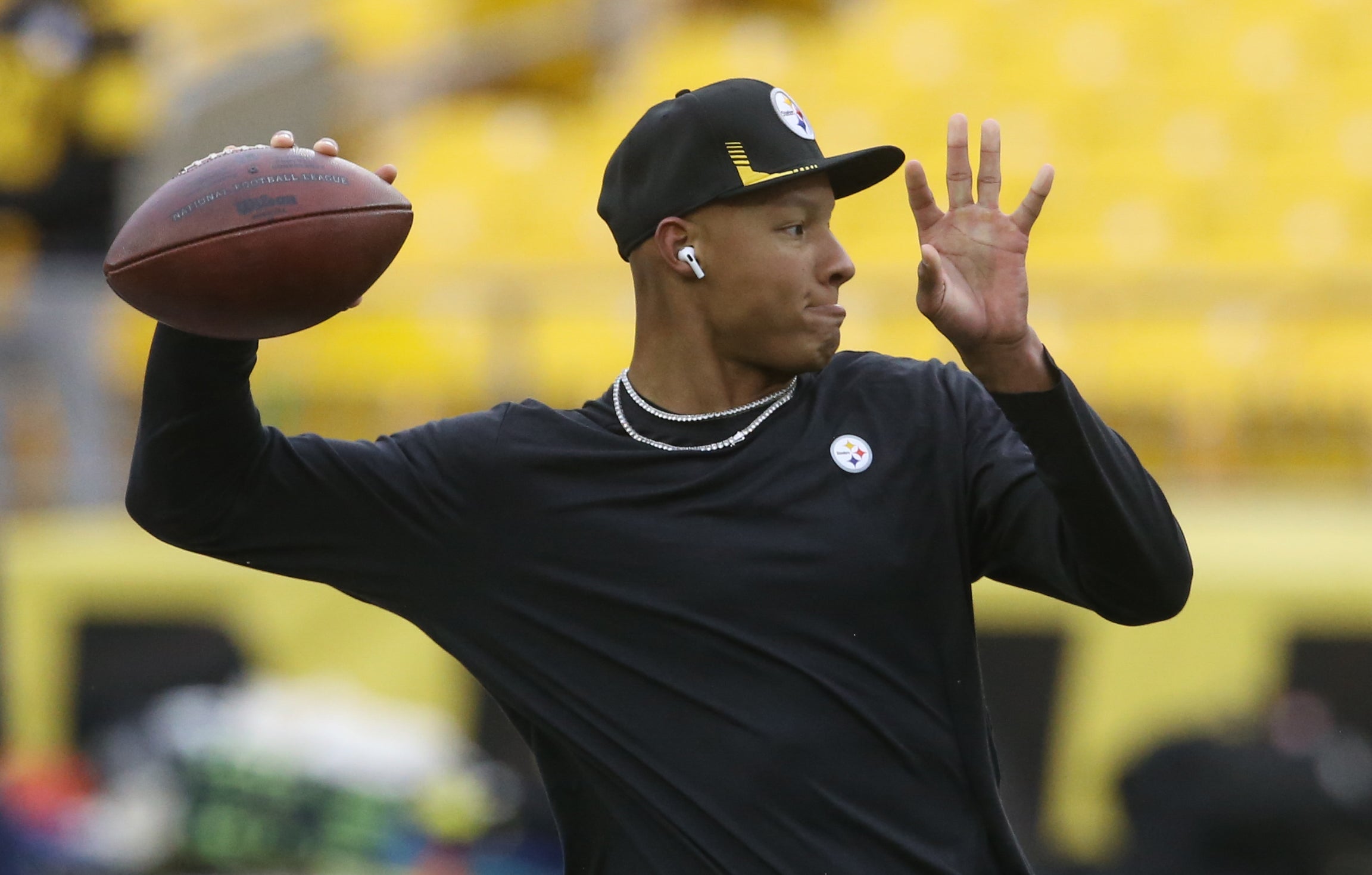 Dec 19, 2021; Pittsburgh, Pennsylvania, USA; Pittsburgh Steelers quarterback Joshua Dobbs (5) warms up before the game against the Tennessee Titans at Heinz Field.