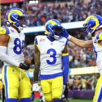 Feb 13, 2022; Inglewood, CA, USA; Los Angeles Rams wide receiver Cooper Kupp (right) celebrates with wide receiver Odell Beckham Jr. (3) after catching a touchdown pass against the Cincinnati Bengals during the second quarter in Super Bowl LVI at SoFi Stadium.