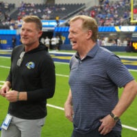 Sep 8, 2022; Inglewood, California, USA; Commissioner of the NFL Roger Goodell talks with Rams General Manager Les Snead before the game between the Los Angeles Rams and the Buffalo Bills at SoFi Stadium.