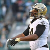 Jan 1, 2023; Philadelphia, Pennsylvania, USA; New Orleans Saints defensive end Cameron Jordan (94) celebrates a stop on 4th down against the Philadelphia Eagles during the fourth quarter at Lincoln Financial Field.