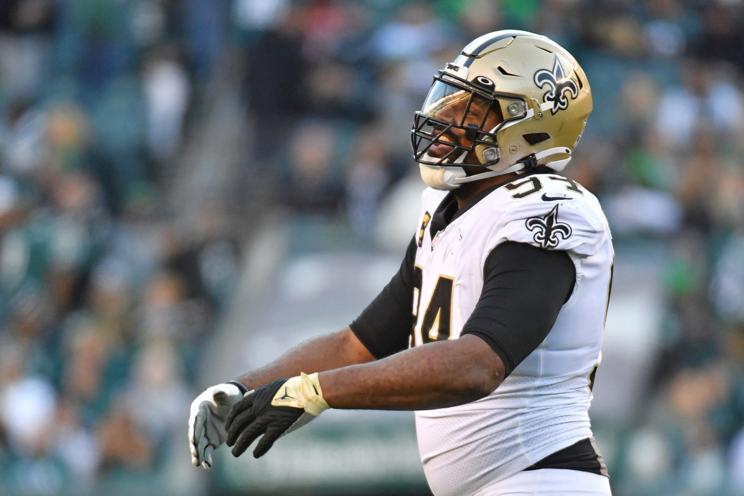 Jan 1, 2023; Philadelphia, Pennsylvania, USA; New Orleans Saints defensive end Cameron Jordan (94) celebrates a stop on 4th down against the Philadelphia Eagles during the fourth quarter at Lincoln Financial Field.