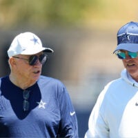 Jul 27, 2023; Oxnard, CA, USA; Dallas Cowboys owner Jerry Jones (left) and executive vice president Stephen Jones during training camp at Marriott Residence Inn-River Ridge Playing Fields.