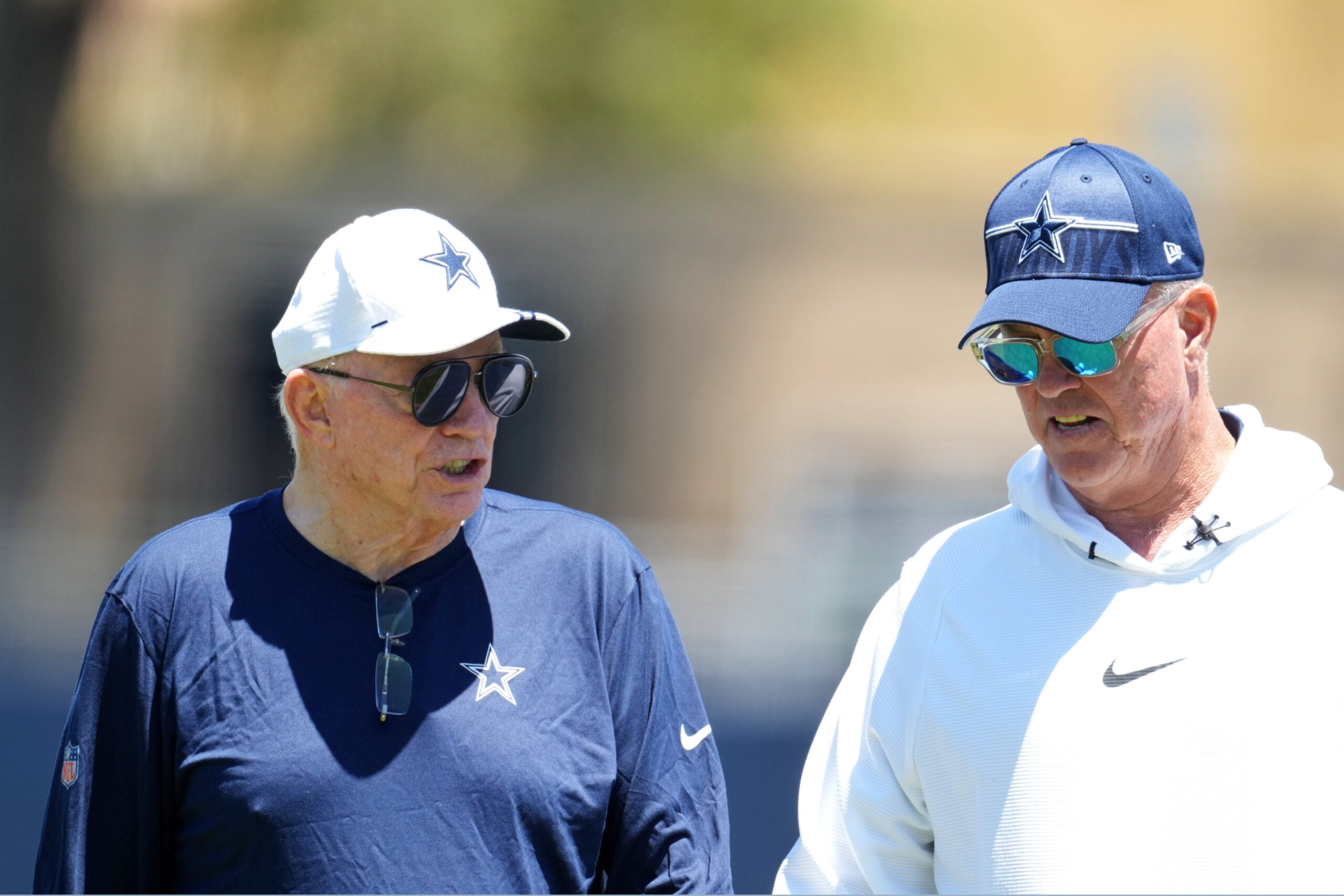 Jul 27, 2023; Oxnard, CA, USA; Dallas Cowboys owner Jerry Jones (left) and executive vice president Stephen Jones during training camp at Marriott Residence Inn-River Ridge Playing Fields.