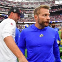Sep 17, 2023; Inglewood, California, USA; San Francisco 49ers head coach Kyle Shanahan meets with Los Angeles Rams head coach Sean McVay following the victory at SoFi Stadium.