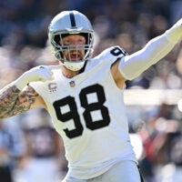 Oct 22, 2023; Chicago, Illinois, USA; Las Vegas Raiders defensive end Maxx Crosby (98) reacts after the Chicago Bears jumped the snap in the third quarter at Soldier Field.