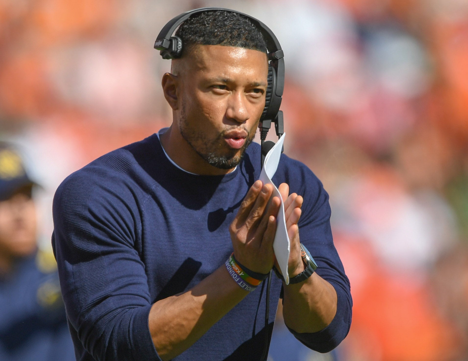 Nov 4, 2023; Clemson, South Carolina, USA; Notre Dame Head Coach Marcus Freeman during the third quarter at Memorial Stadium. Mandatory Credit: Ken Ruinard-USA TODAY Sports
