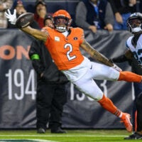 Nov 9, 2023; Chicago, Illinois, USA; Chicago Bears wide receiver D.J. Moore (2) cannot make a diving catch against the Carolina Panthers during the first quarter at Soldier Field.