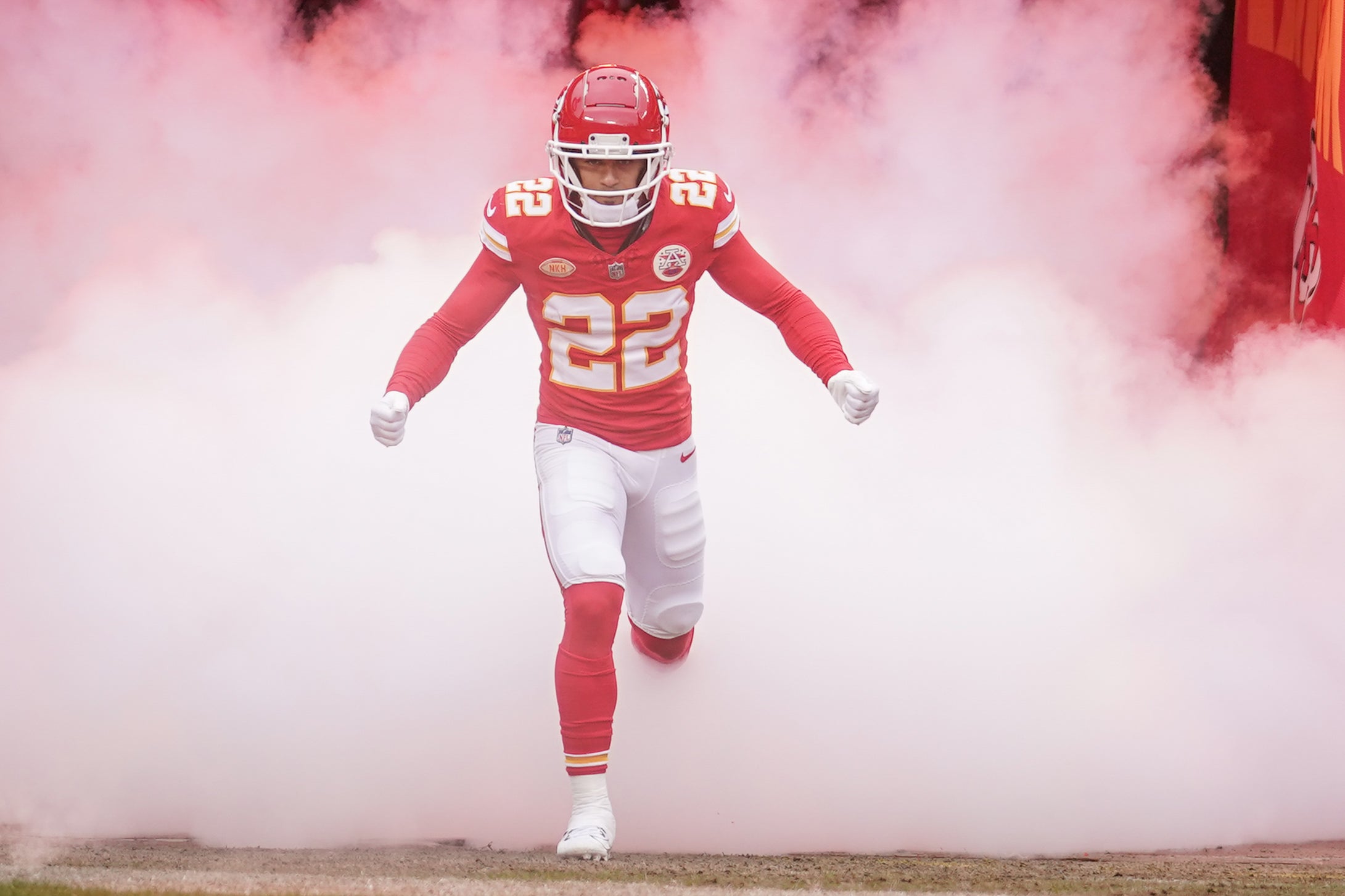 Dec 25, 2023; Kansas City, Missouri, USA; Kansas City Chiefs cornerback Trent McDuffie (22) is introduced against the Las Vegas Raiders prior to a game at GEHA Field at Arrowhead Stadium.