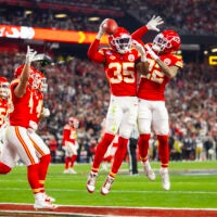 Feb 11, 2024; Paradise, Nevada, USA; Kansas City Chiefs cornerback Jaylen Watson (35) celebrates with Trent McDuffie (22) after recovering a muffed punt against the San Francisco 49ers in the second half in Super Bowl LVIII at Allegiant Stadium.
