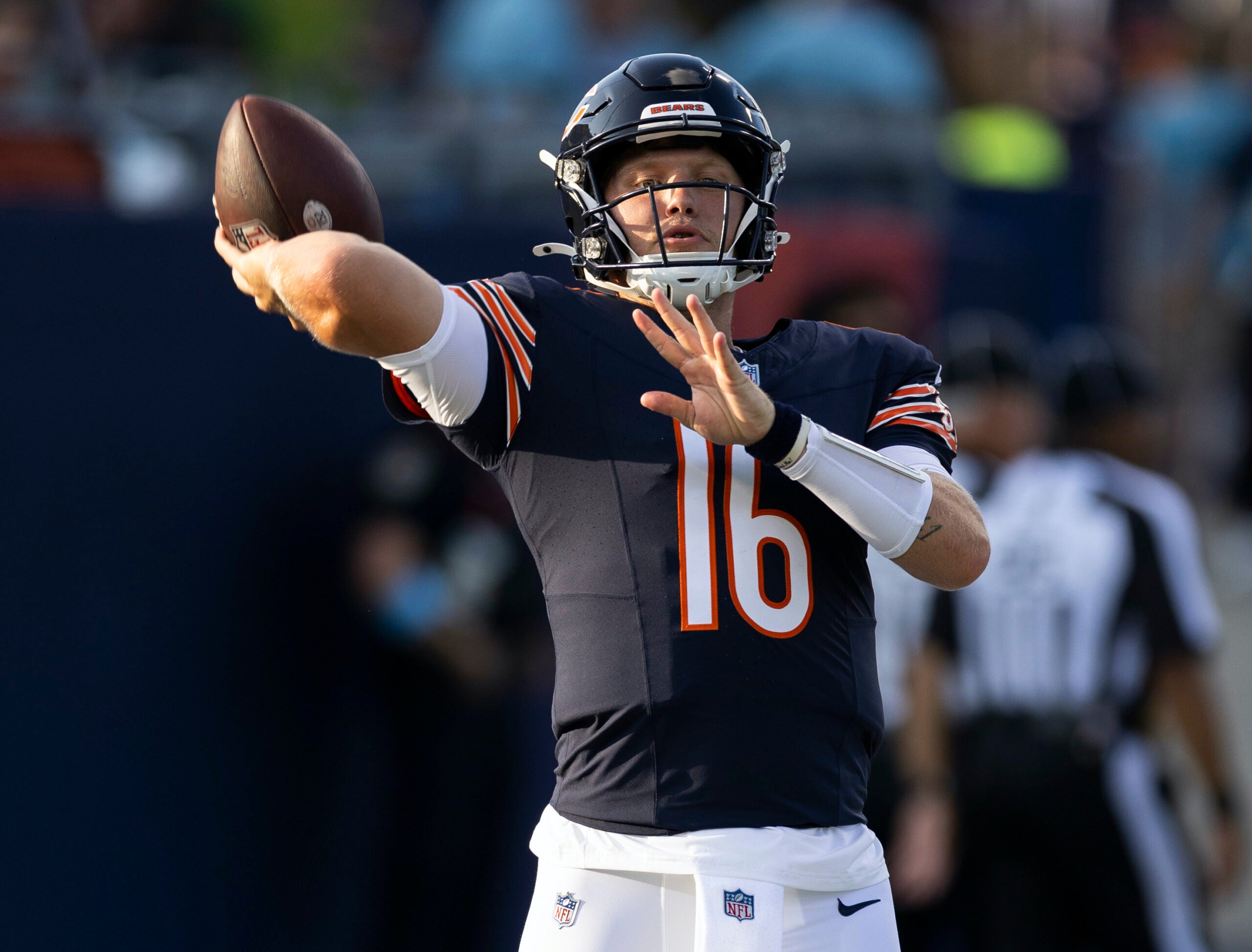 Aug 1, 2024; Canton, Ohio, USA; Chicago Bears quarterback Austin Reed (16) throws the ball during warmup before the game against the Houston Texans at Tom Benson Hall of Fame Stadium.