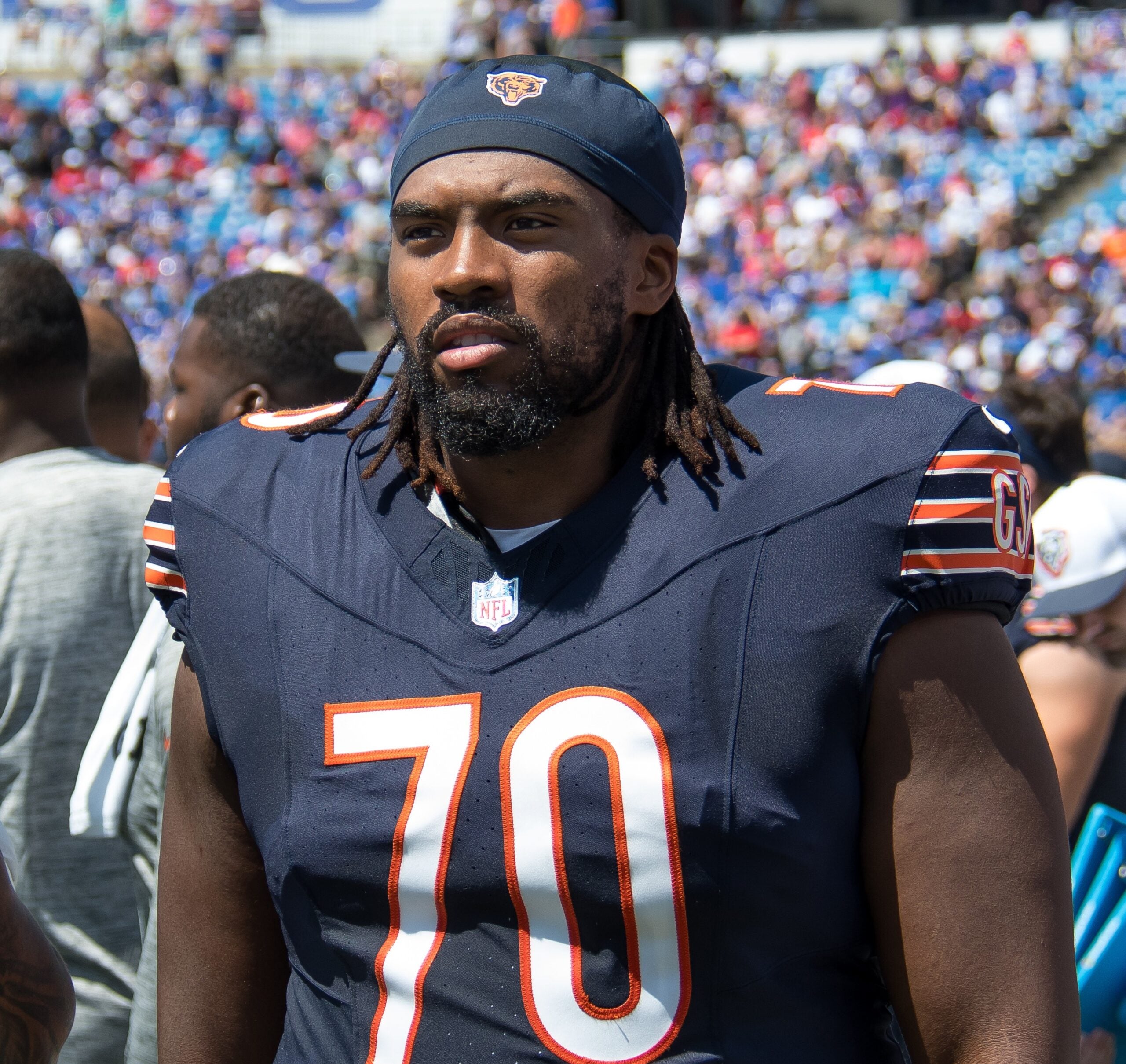 Sep 15, 2024; Houston, Texas, USA; Chicago Bears offensive tackle Braxton Jones (70) defends against Houston Texans defensive end Will Anderson Jr. (51) during the game at NRG Stadium.