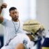 Notre Dame head coach Marcus Freeman warms up during a Notre Dame football practice at Irish Athletic Center on Thursday, Aug. 15, 2024, in South Bend.