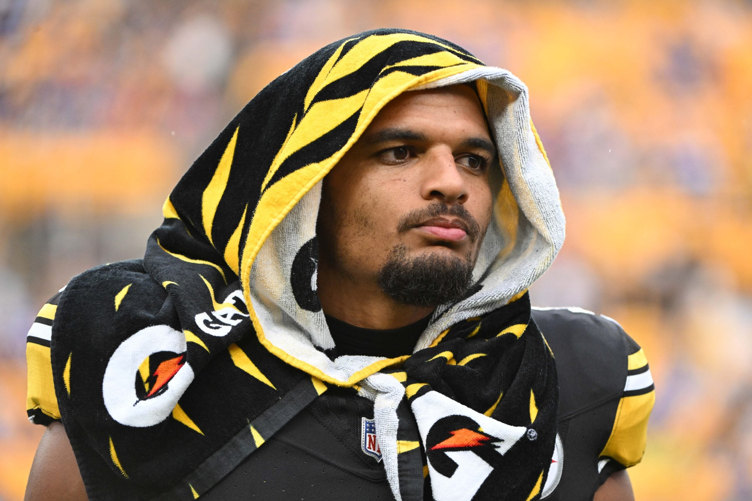 Aug 17, 2024; Pittsburgh, Pennsylvania, USA; Pittsburgh Steelers safety Minkah Fitzpatrick (39) watches the action against the Buffalo Bills at Acrisure Stadium.
