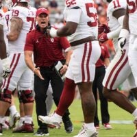 Oklahoma Sooners head coach Brent Venables celebrates a goal line stand with his defense as Auburn Tigers take on Oklahoma Sooners at Jordan-Hare Stadium in Auburn, Ala., on Saturday, Sept. 28, 2024.