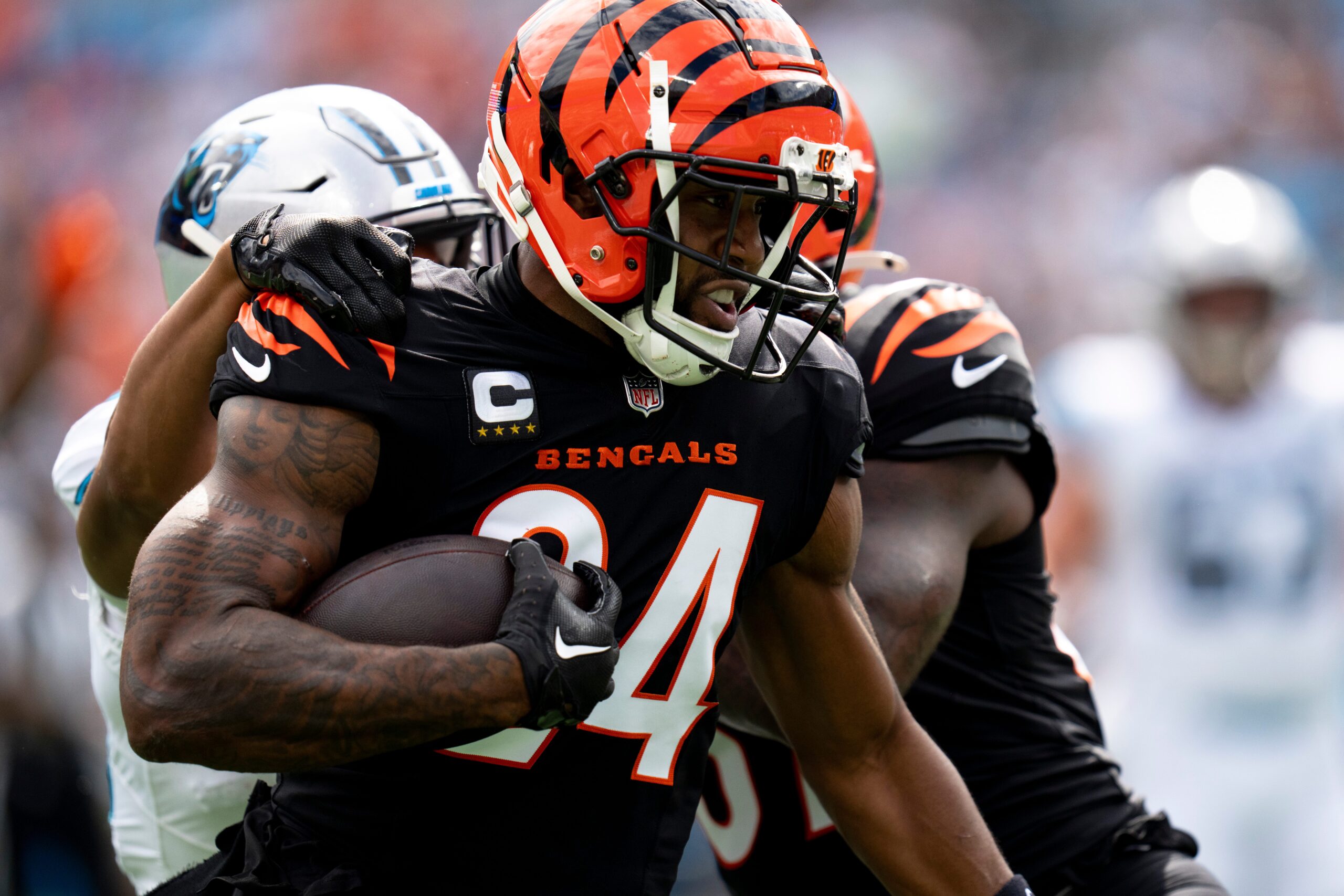 Cincinnati Bengals safety Vonn Bell (24) returns an interceptions in the first quarter of the NFL game at Bank of America Stadium in Charlotte, N.C., on Sunday, Sept. 29, 2024.