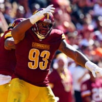 Oct 6, 2024; Landover, Maryland, USA; Washington Commanders defensive tackle Jonathan Allen (93) celebrates after a tackle during the second quarter against the Cleveland Browns at NorthWest Stadium.