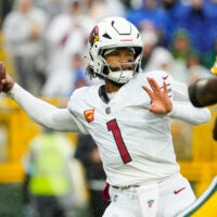 Oct 13, 2024; Green Bay, Wisconsin, USA; Arizona Cardinals quarterback Kyler Murray (1) throws a pass during the first quarter against the Green Bay Packers at Lambeau Field.