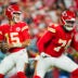 Oct 7, 2024; Kansas City, Missouri, USA; Kansas City Chiefs quarterback Patrick Mahomes (15) drops back to pass as offensive tackle Jawaan Taylor (74) gets ready to block during the first half against the New Orleans Saints at GEHA Field at Arrowhead Stadium. Mandatory Credit: Jay Biggerstaff-Imagn Images