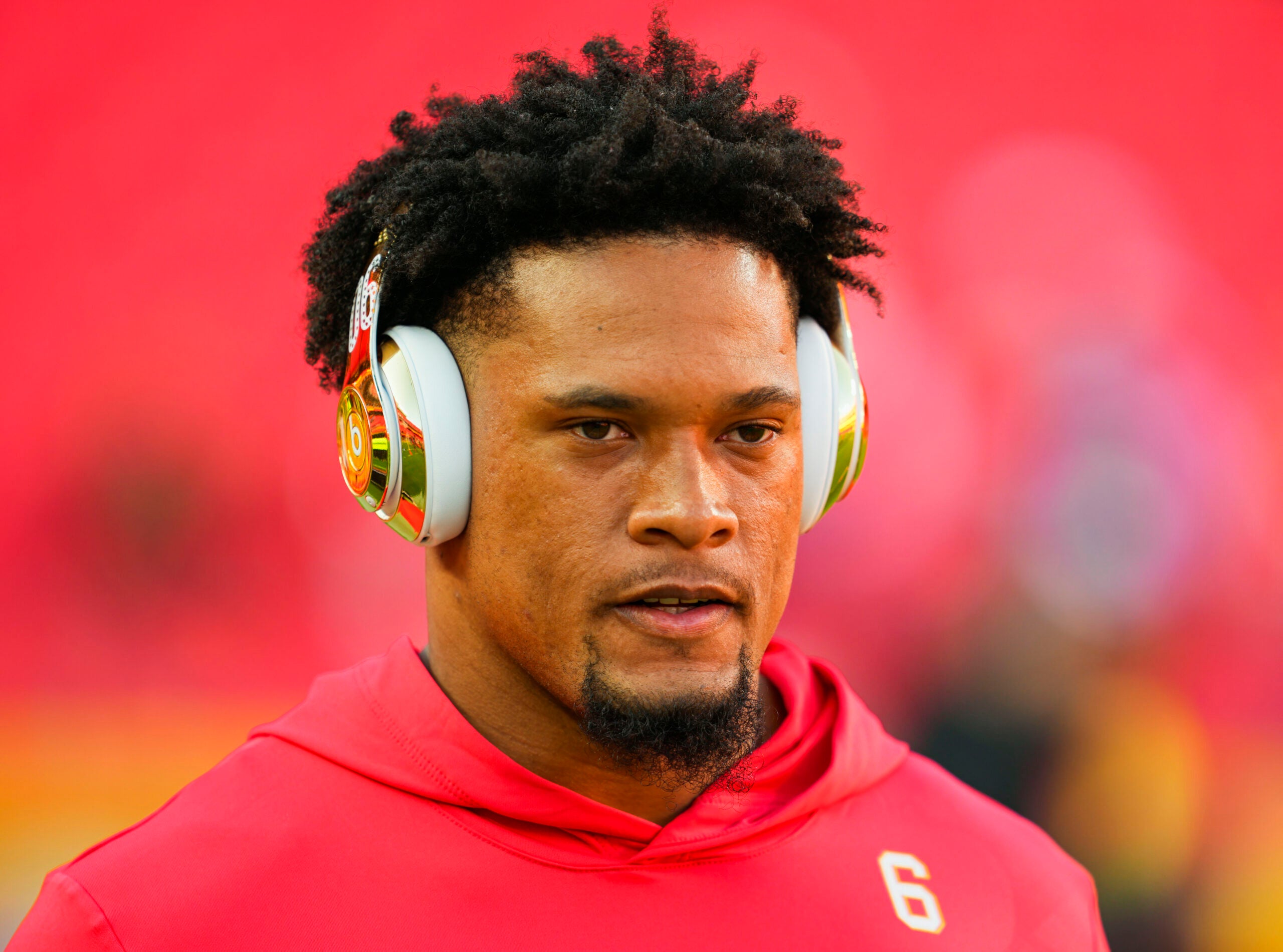 Oct 7, 2024; Kansas City, Missouri, USA; Kansas City Chiefs safety Bryan Cook (6) warms up prior to a game against the New Orleans Saints at GEHA Field at Arrowhead Stadium.