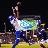 Nov 1, 2024; East Hartford, Connecticut, USA; Georgia State Panthers wide receiver Ted Hurst (16) makes a touchdown catch against the Connecticut Huskies in the second quarter at Rentschler Field at Pratt & Whitney Stadium.