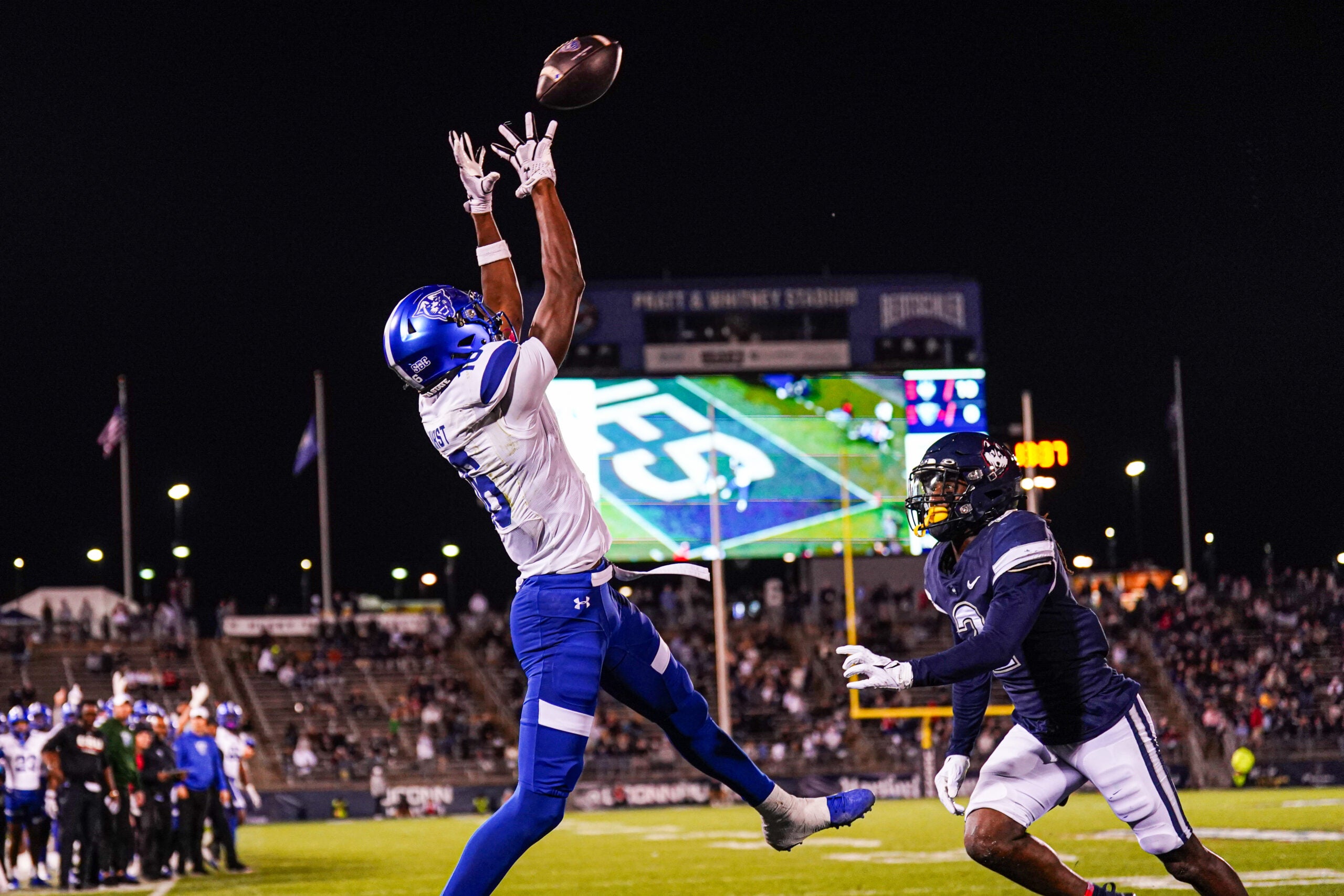 Nov 1, 2024; East Hartford, Connecticut, USA; Georgia State Panthers wide receiver Ted Hurst (16) makes a touchdown catch against the Connecticut Huskies in the second quarter at Rentschler Field at Pratt & Whitney Stadium.