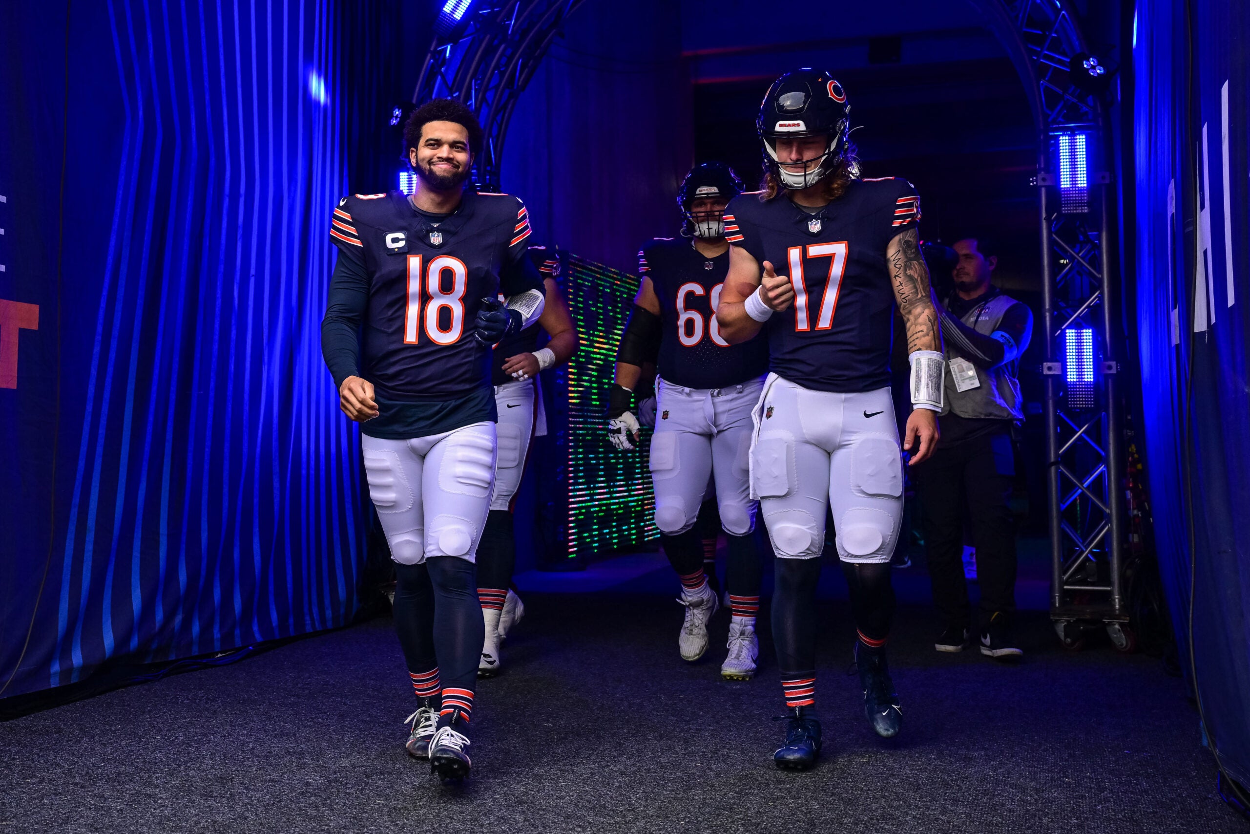 Nov 17, 2024; Chicago, Illinois, USA; Chicago Bears quarterback Caleb Williams (18) and quarterback Tyson Bagent (17) enter the field before the game against the Green Bay Packers at Soldier Field.